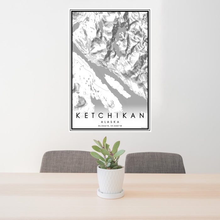 24x36 Ketchikan Alaska Map Print Portrait Orientation in Classic Style Behind 2 Chairs Table and Potted Plant