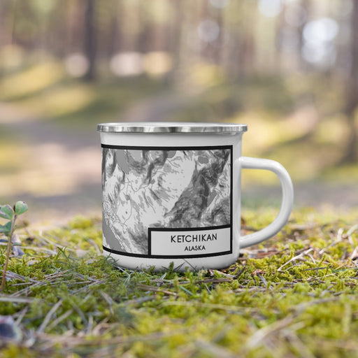 Right View Custom Ketchikan Alaska Map Enamel Mug in Classic on Grass With Trees in Background