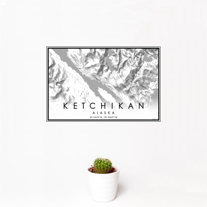 12x18 Ketchikan Alaska Map Print Landscape Orientation in Classic Style With Small Cactus Plant in White Planter