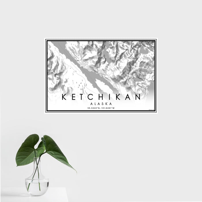 16x24 Ketchikan Alaska Map Print Landscape Orientation in Classic Style With Tropical Plant Leaves in Water