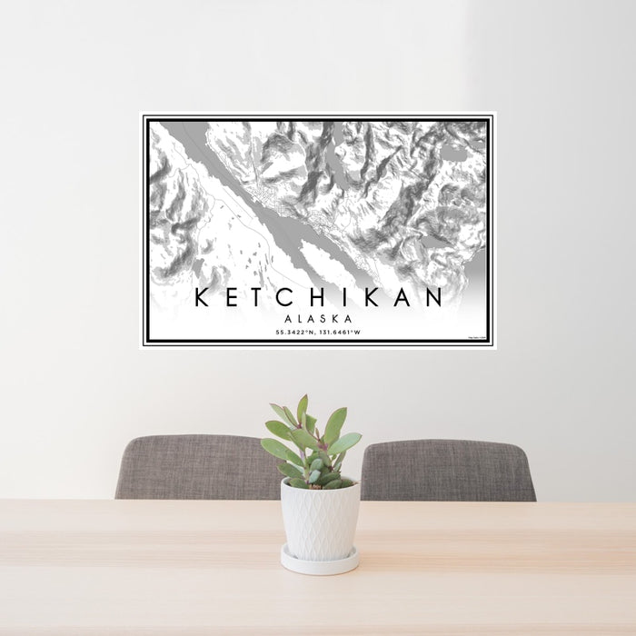 24x36 Ketchikan Alaska Map Print Landscape Orientation in Classic Style Behind 2 Chairs Table and Potted Plant