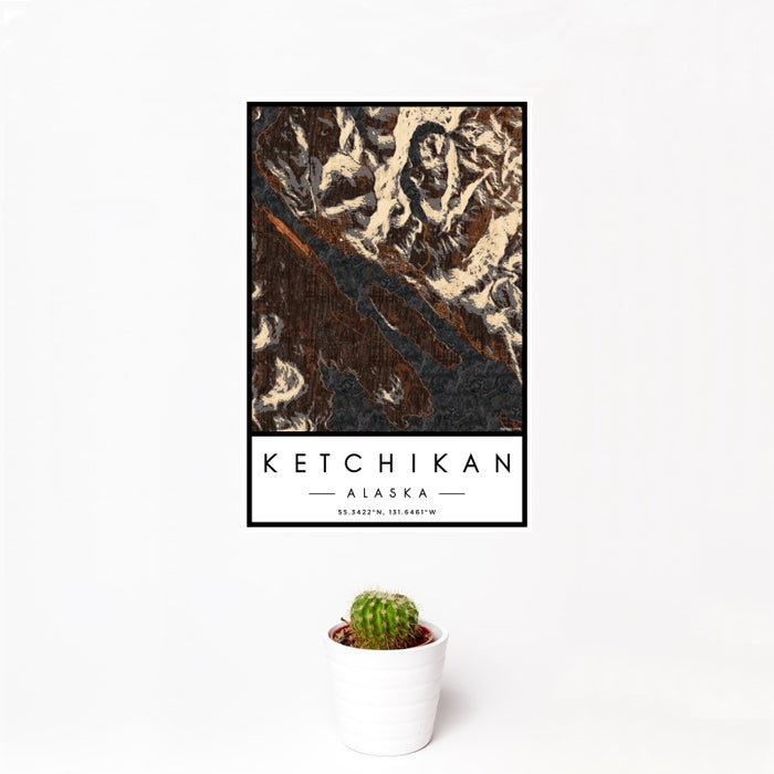 12x18 Ketchikan Alaska Map Print Portrait Orientation in Ember Style With Small Cactus Plant in White Planter