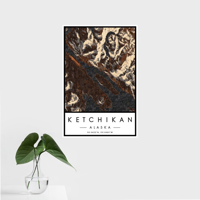 16x24 Ketchikan Alaska Map Print Portrait Orientation in Ember Style With Tropical Plant Leaves in Water