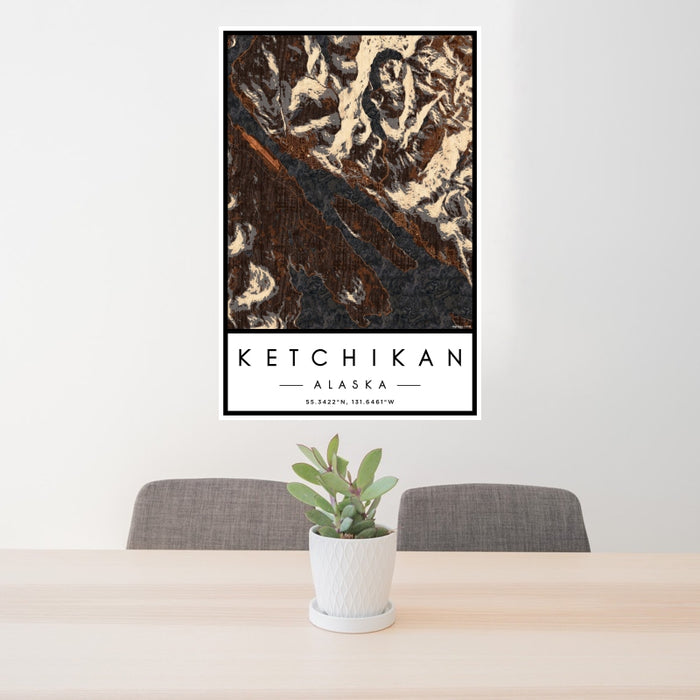 24x36 Ketchikan Alaska Map Print Portrait Orientation in Ember Style Behind 2 Chairs Table and Potted Plant