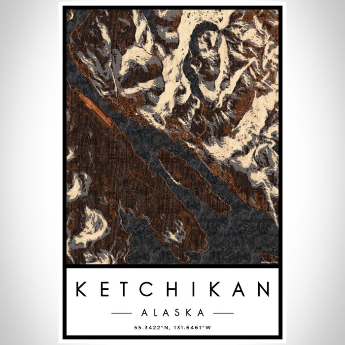Ketchikan Alaska Map Print Portrait Orientation in Ember Style With Shaded Background