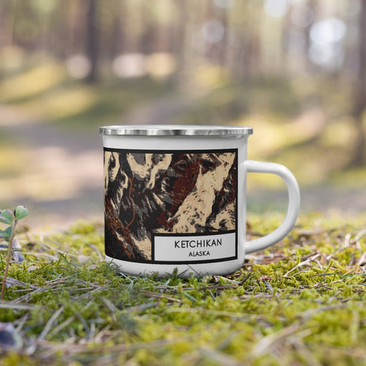 Right View Custom Ketchikan Alaska Map Enamel Mug in Ember on Grass With Trees in Background