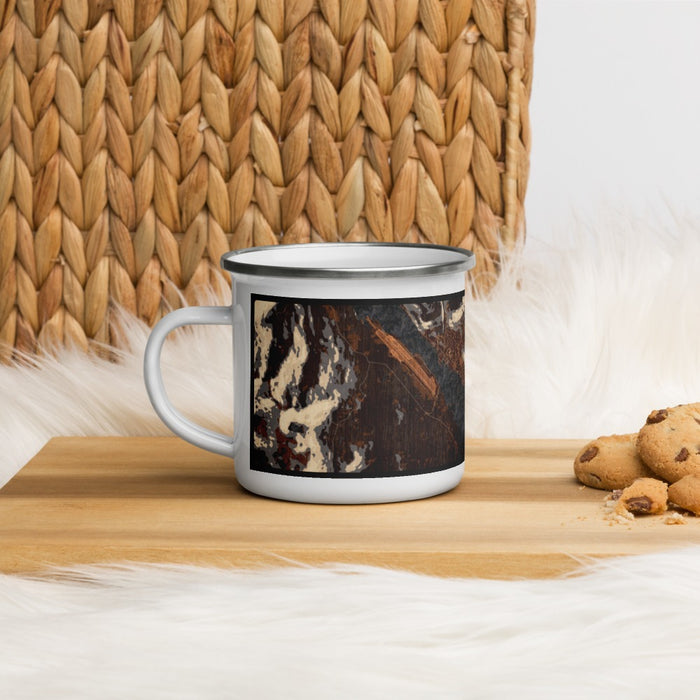 Left View Custom Ketchikan Alaska Map Enamel Mug in Ember on Table Top