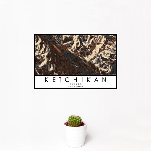 12x18 Ketchikan Alaska Map Print Landscape Orientation in Ember Style With Small Cactus Plant in White Planter