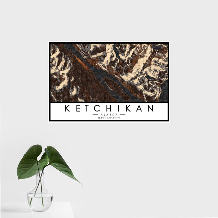 16x24 Ketchikan Alaska Map Print Landscape Orientation in Ember Style With Tropical Plant Leaves in Water