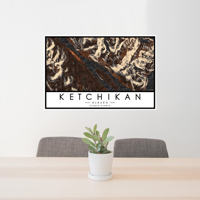 24x36 Ketchikan Alaska Map Print Landscape Orientation in Ember Style Behind 2 Chairs Table and Potted Plant