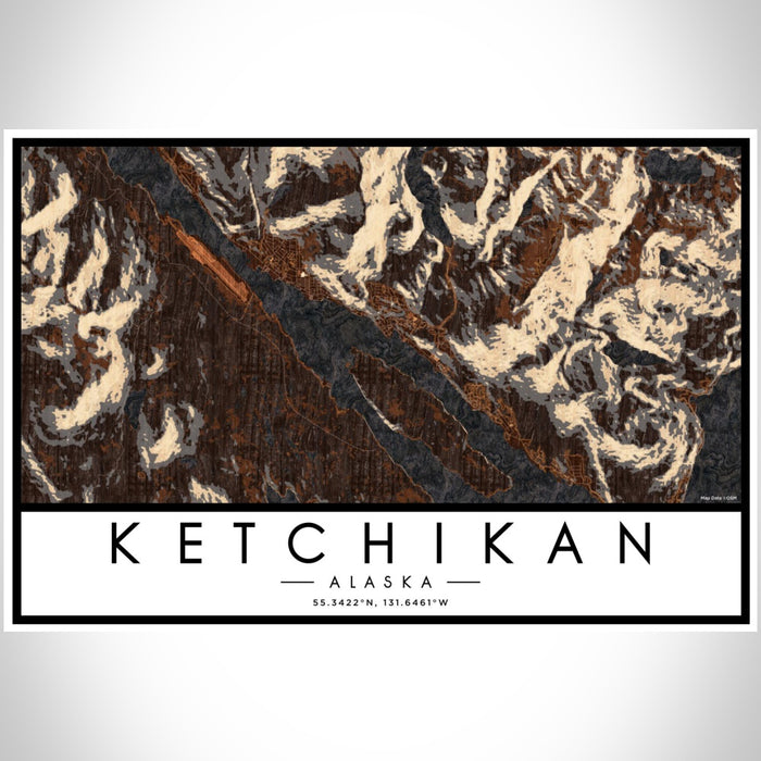 Ketchikan Alaska Map Print Landscape Orientation in Ember Style With Shaded Background