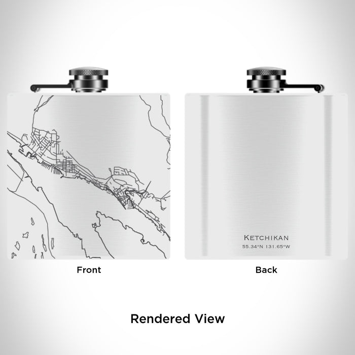 Rendered View of Ketchikan Alaska Map Engraving on 6oz Stainless Steel Flask in White