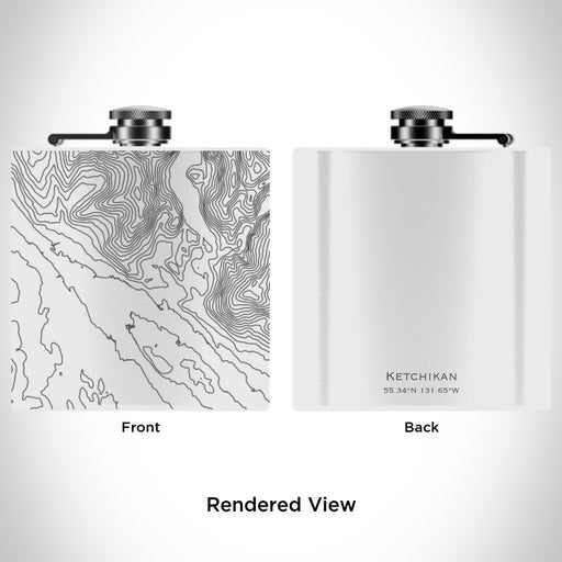Rendered View of Ketchikan Alaska Map Engraving on 6oz Stainless Steel Flask in White