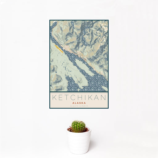 12x18 Ketchikan Alaska Map Print Portrait Orientation in Woodblock Style With Small Cactus Plant in White Planter