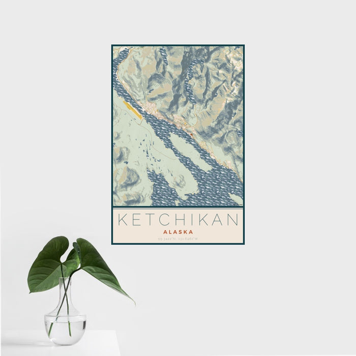 16x24 Ketchikan Alaska Map Print Portrait Orientation in Woodblock Style With Tropical Plant Leaves in Water