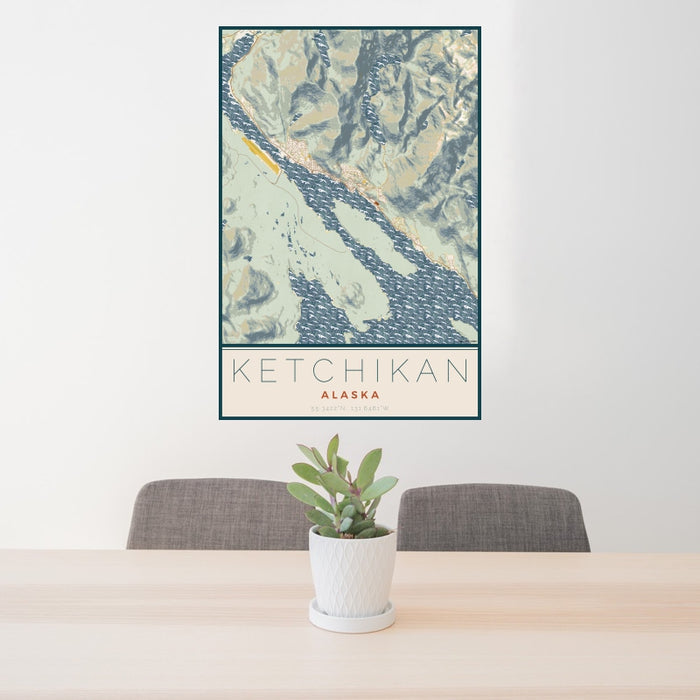 24x36 Ketchikan Alaska Map Print Portrait Orientation in Woodblock Style Behind 2 Chairs Table and Potted Plant