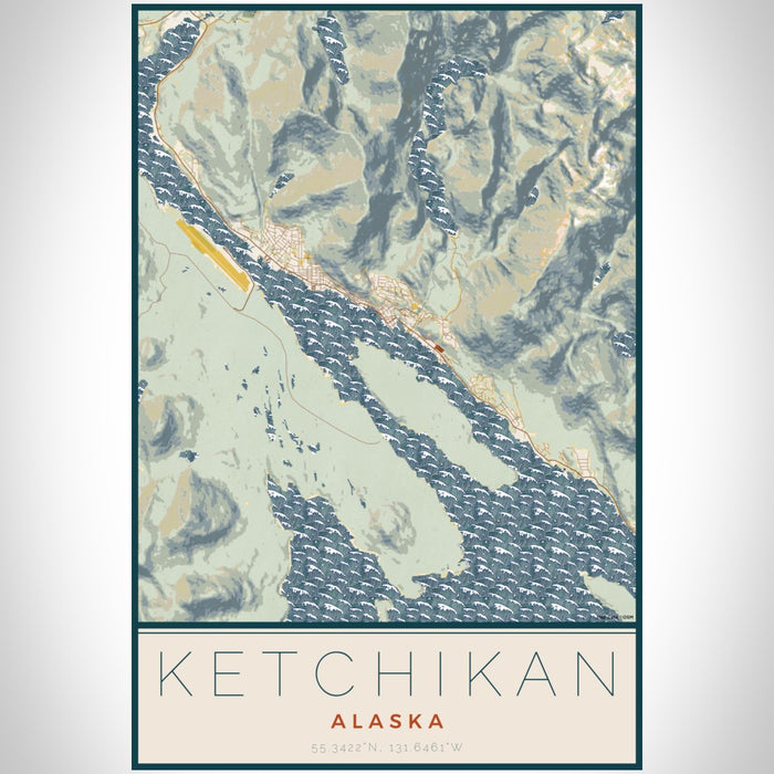 Ketchikan Alaska Map Print Portrait Orientation in Woodblock Style With Shaded Background