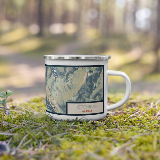 Right View Custom Ketchikan Alaska Map Enamel Mug in Woodblock on Grass With Trees in Background