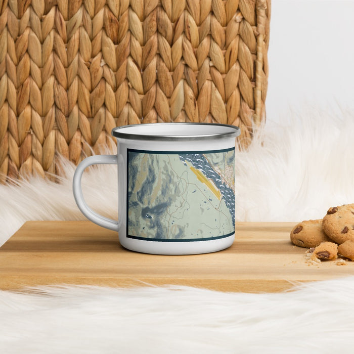 Left View Custom Ketchikan Alaska Map Enamel Mug in Woodblock on Table Top