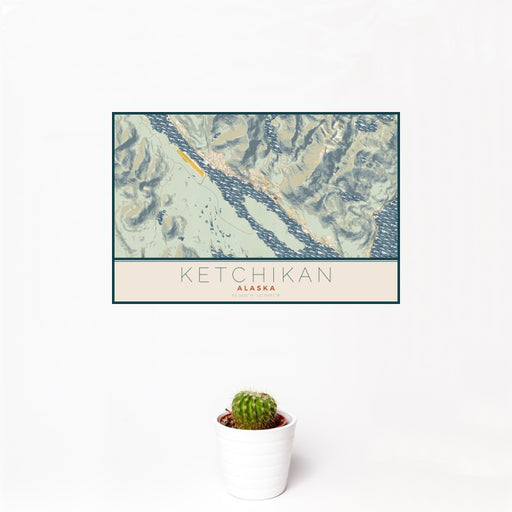 12x18 Ketchikan Alaska Map Print Landscape Orientation in Woodblock Style With Small Cactus Plant in White Planter