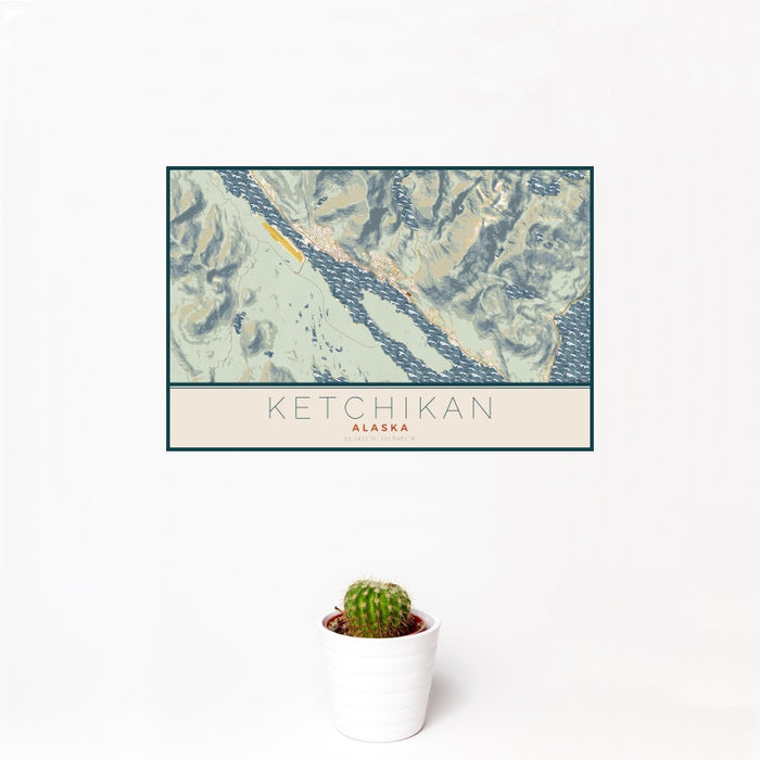 12x18 Ketchikan Alaska Map Print Landscape Orientation in Woodblock Style With Small Cactus Plant in White Planter