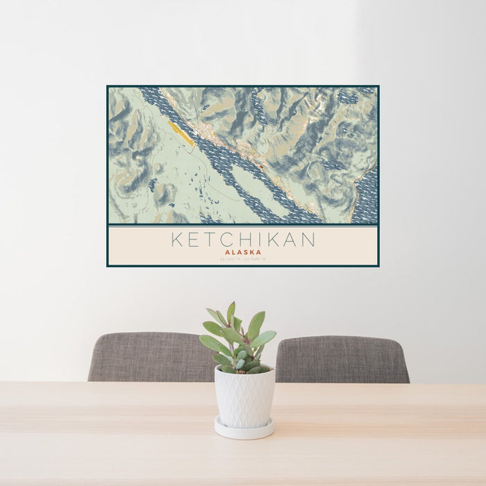 24x36 Ketchikan Alaska Map Print Landscape Orientation in Woodblock Style Behind 2 Chairs Table and Potted Plant