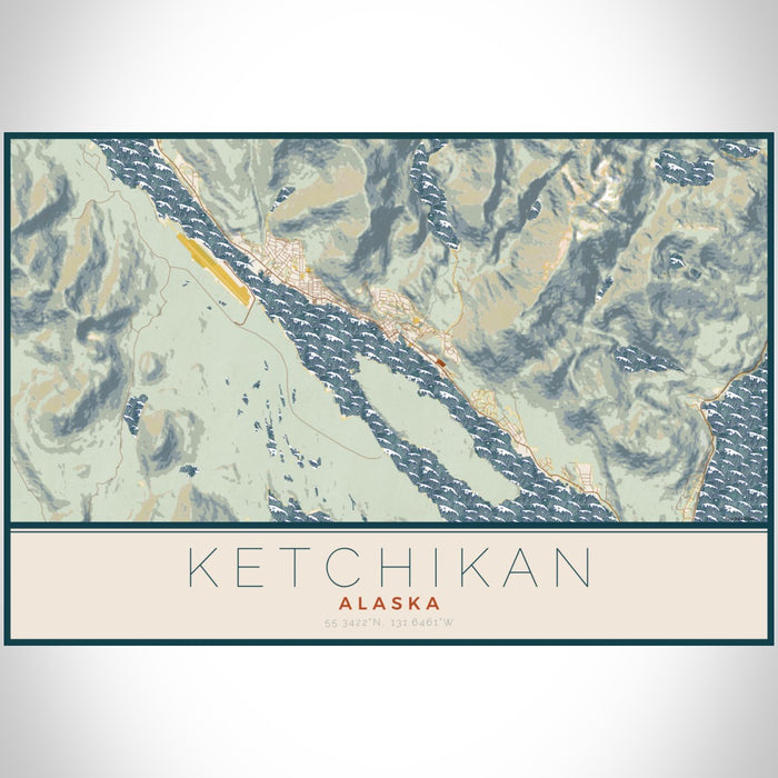 Ketchikan Alaska Map Print Landscape Orientation in Woodblock Style With Shaded Background