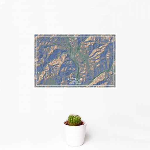 12x18 Ketchum Idaho Map Print Landscape Orientation in Afternoon Style With Small Cactus Plant in White Planter