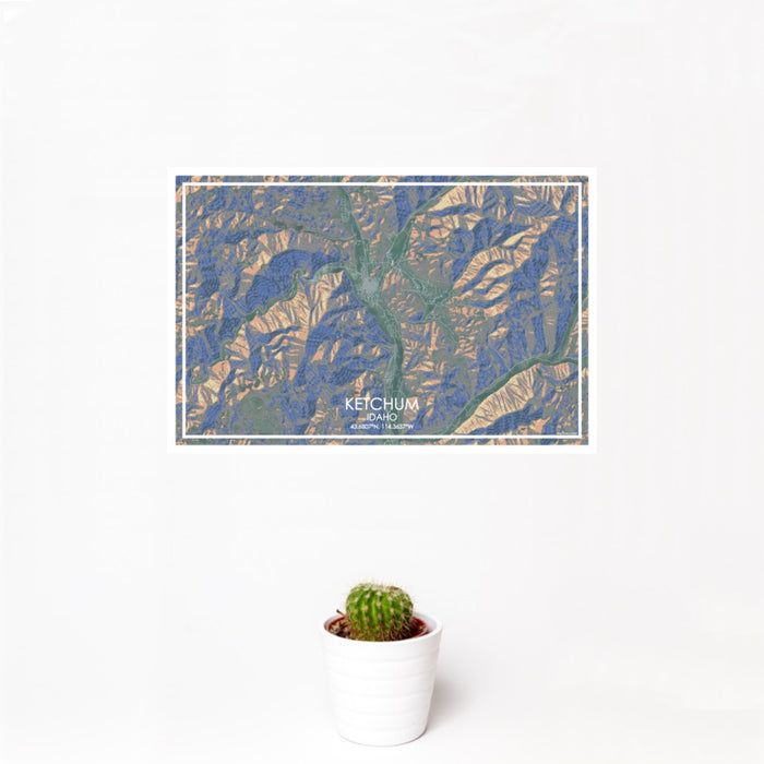 12x18 Ketchum Idaho Map Print Landscape Orientation in Afternoon Style With Small Cactus Plant in White Planter