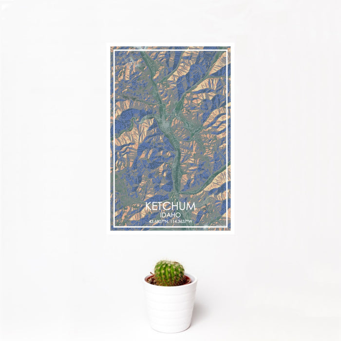 12x18 Ketchum Idaho Map Print Portrait Orientation in Afternoon Style With Small Cactus Plant in White Planter