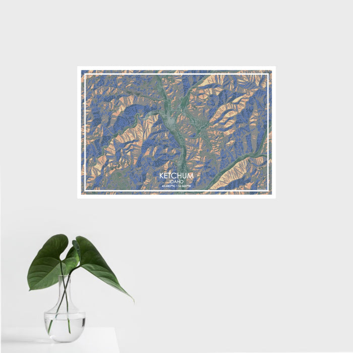 16x24 Ketchum Idaho Map Print Landscape Orientation in Afternoon Style With Tropical Plant Leaves in Water