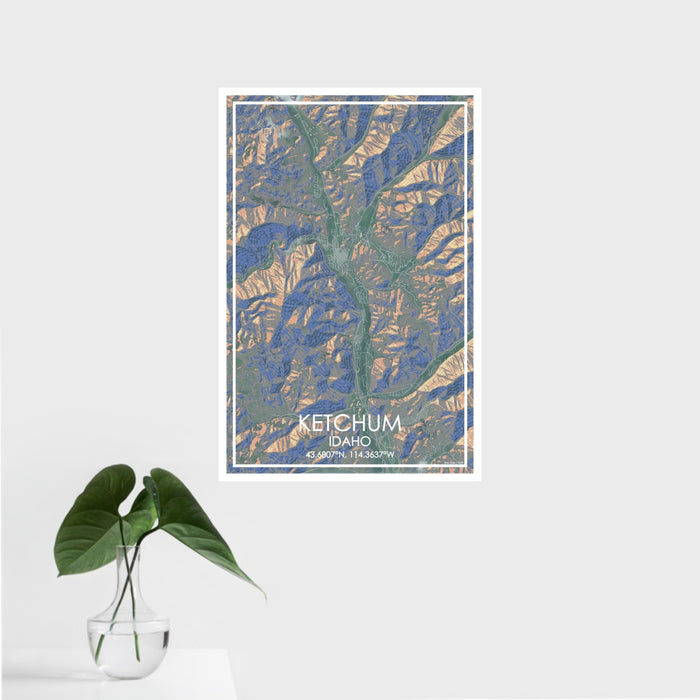 16x24 Ketchum Idaho Map Print Portrait Orientation in Afternoon Style With Tropical Plant Leaves in Water