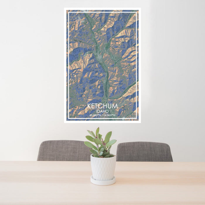 24x36 Ketchum Idaho Map Print Portrait Orientation in Afternoon Style Behind 2 Chairs Table and Potted Plant