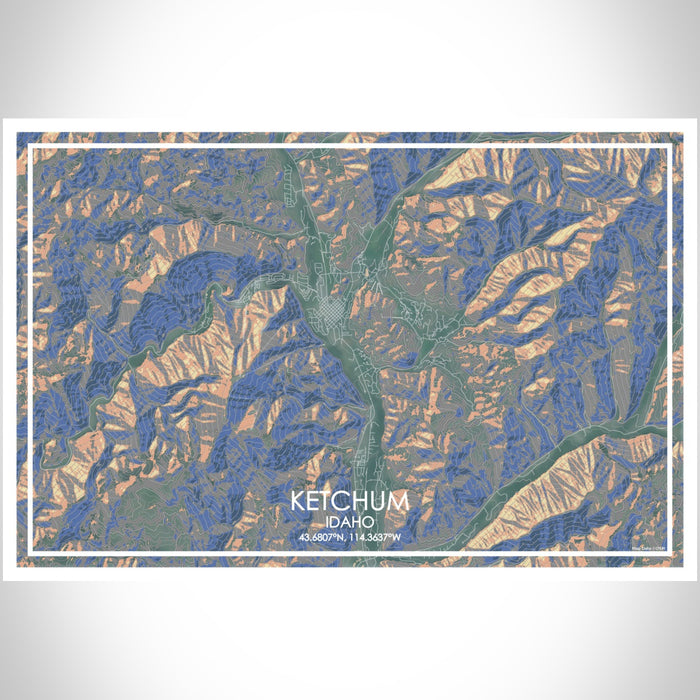 Ketchum Idaho Map Print Landscape Orientation in Afternoon Style With Shaded Background