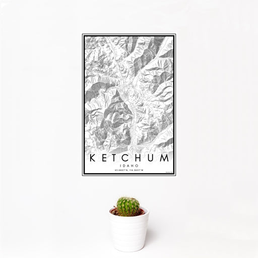 12x18 Ketchum Idaho Map Print Portrait Orientation in Classic Style With Small Cactus Plant in White Planter