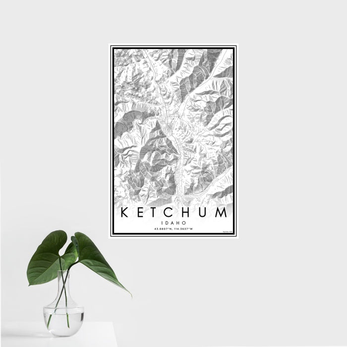 16x24 Ketchum Idaho Map Print Portrait Orientation in Classic Style With Tropical Plant Leaves in Water