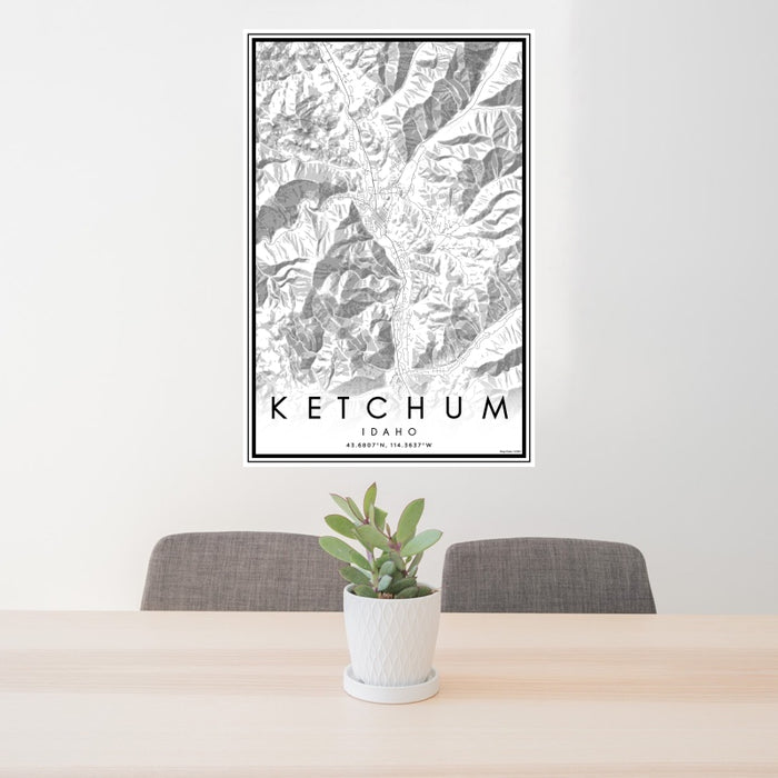 24x36 Ketchum Idaho Map Print Portrait Orientation in Classic Style Behind 2 Chairs Table and Potted Plant