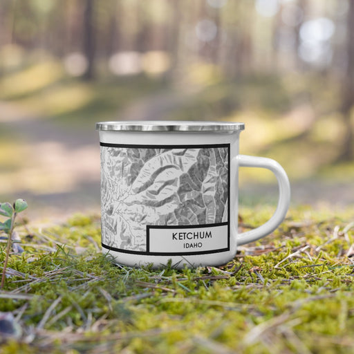 Right View Custom Ketchum Idaho Map Enamel Mug in Classic on Grass With Trees in Background