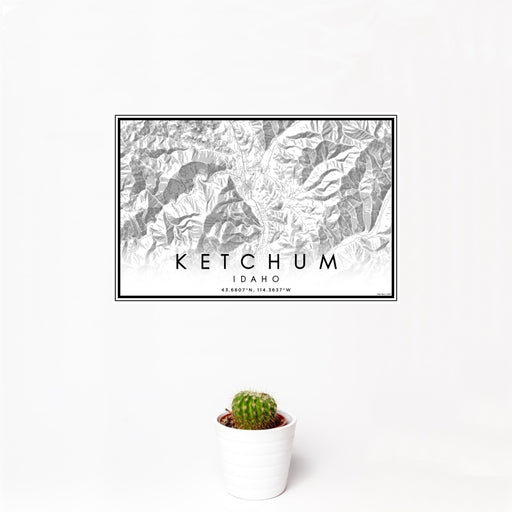 12x18 Ketchum Idaho Map Print Landscape Orientation in Classic Style With Small Cactus Plant in White Planter