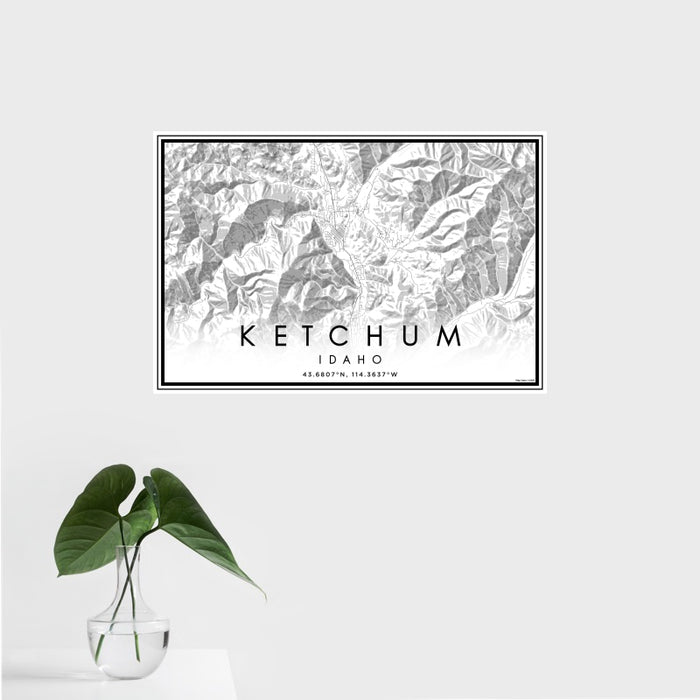 16x24 Ketchum Idaho Map Print Landscape Orientation in Classic Style With Tropical Plant Leaves in Water