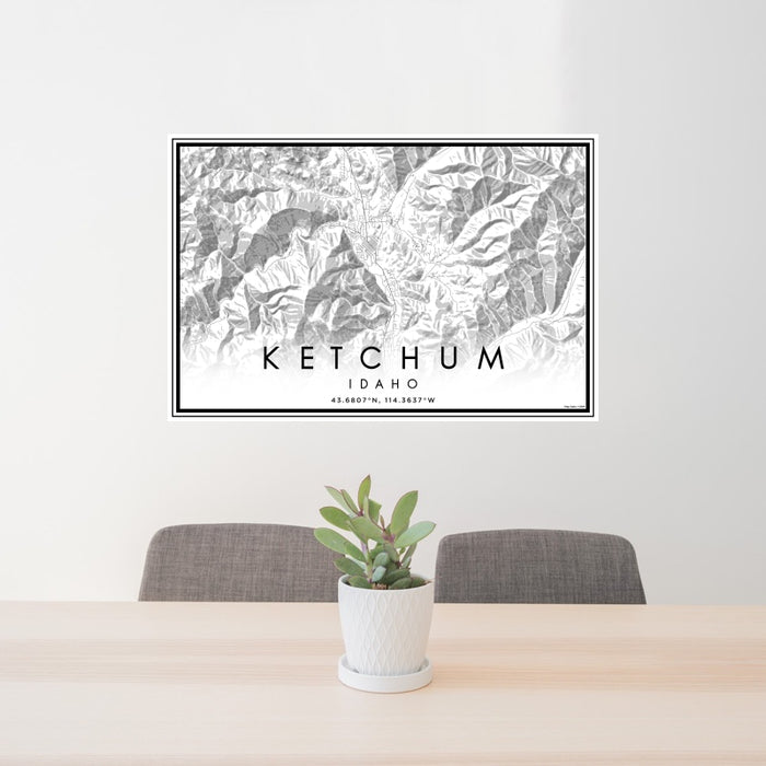 24x36 Ketchum Idaho Map Print Landscape Orientation in Classic Style Behind 2 Chairs Table and Potted Plant