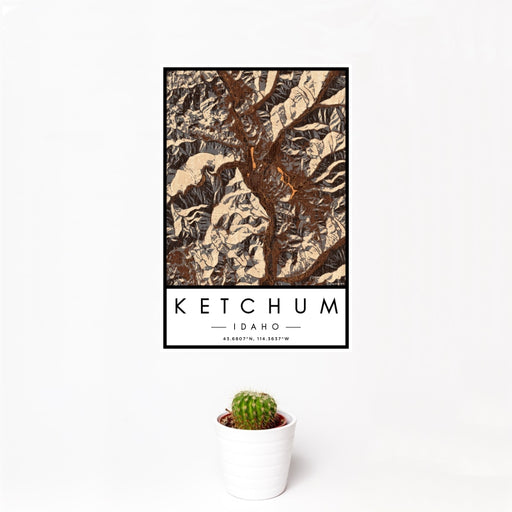 12x18 Ketchum Idaho Map Print Portrait Orientation in Ember Style With Small Cactus Plant in White Planter