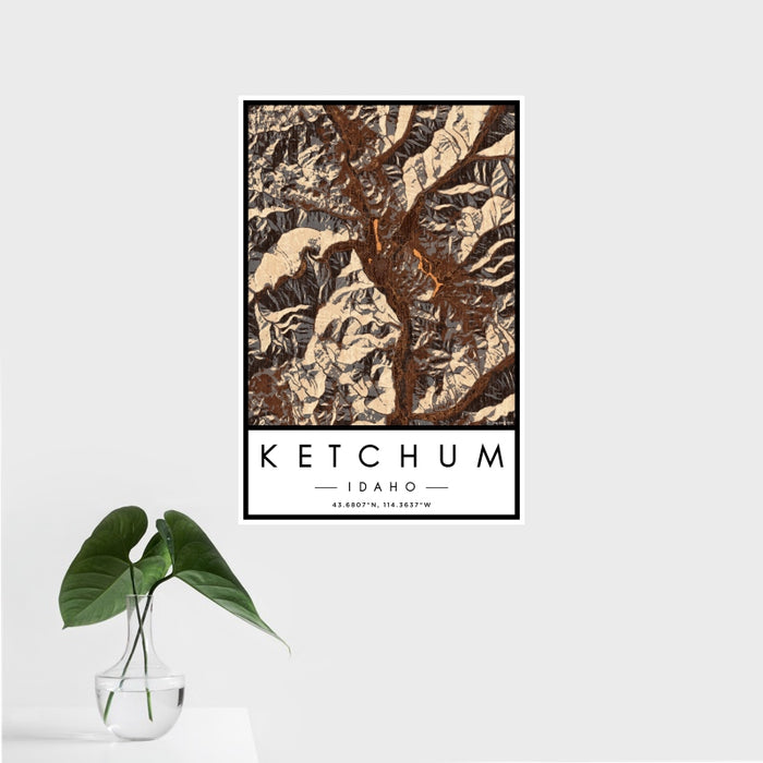 16x24 Ketchum Idaho Map Print Portrait Orientation in Ember Style With Tropical Plant Leaves in Water