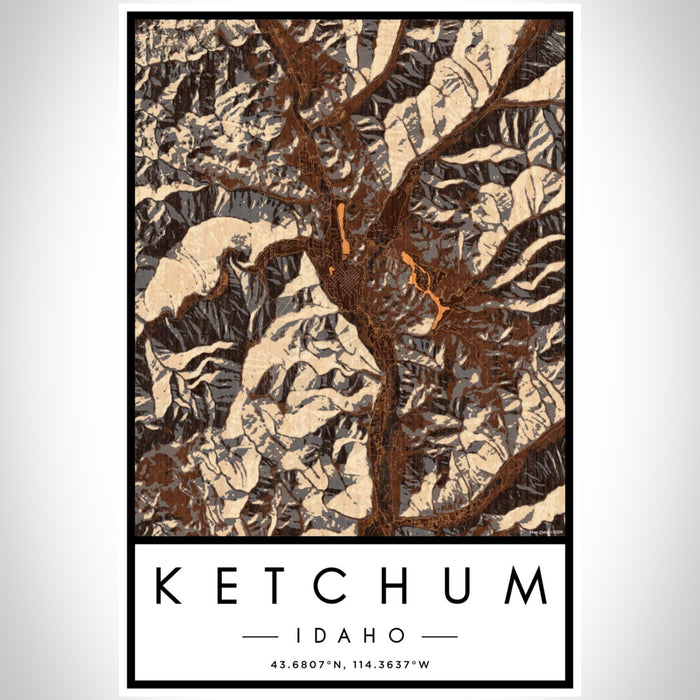 Ketchum Idaho Map Print Portrait Orientation in Ember Style With Shaded Background