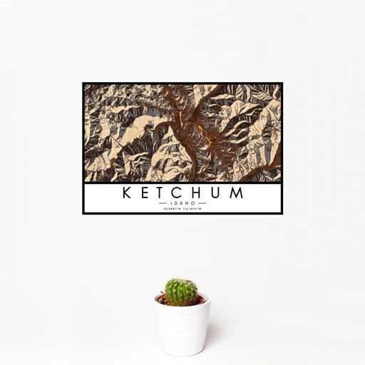 12x18 Ketchum Idaho Map Print Landscape Orientation in Ember Style With Small Cactus Plant in White Planter