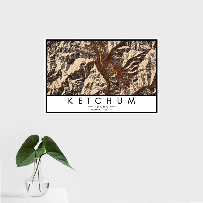 16x24 Ketchum Idaho Map Print Landscape Orientation in Ember Style With Tropical Plant Leaves in Water