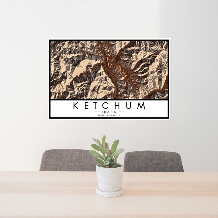 24x36 Ketchum Idaho Map Print Landscape Orientation in Ember Style Behind 2 Chairs Table and Potted Plant