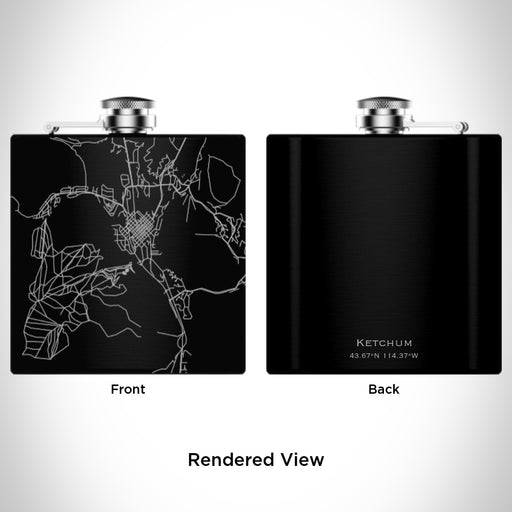 Rendered View of Ketchum Idaho Map Engraving on 6oz Stainless Steel Flask in Black