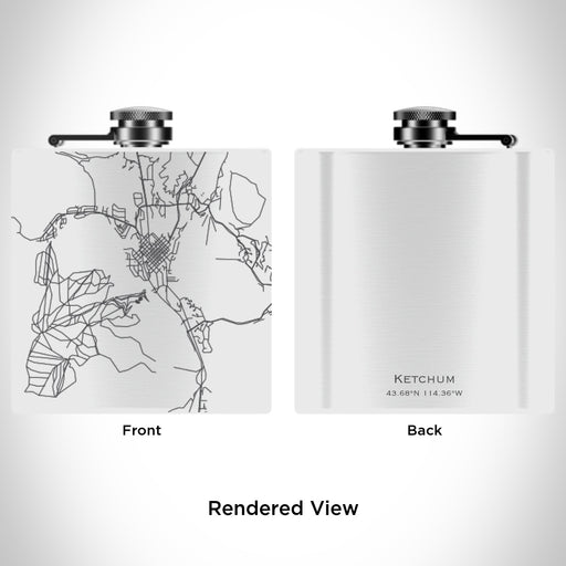 Rendered View of Ketchum Idaho Map Engraving on 6oz Stainless Steel Flask in White