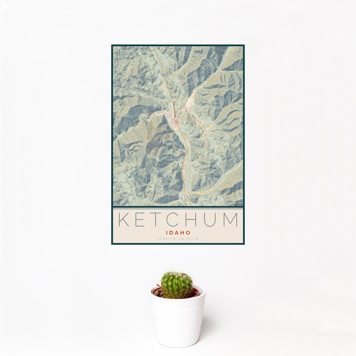 12x18 Ketchum Idaho Map Print Portrait Orientation in Woodblock Style With Small Cactus Plant in White Planter